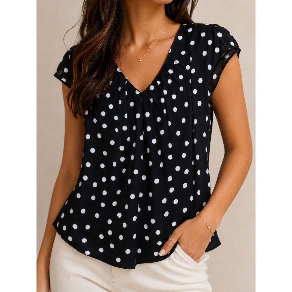 Express Black White Polka Dot Blouse Medium V-Neck Cap Sleeve Career Top